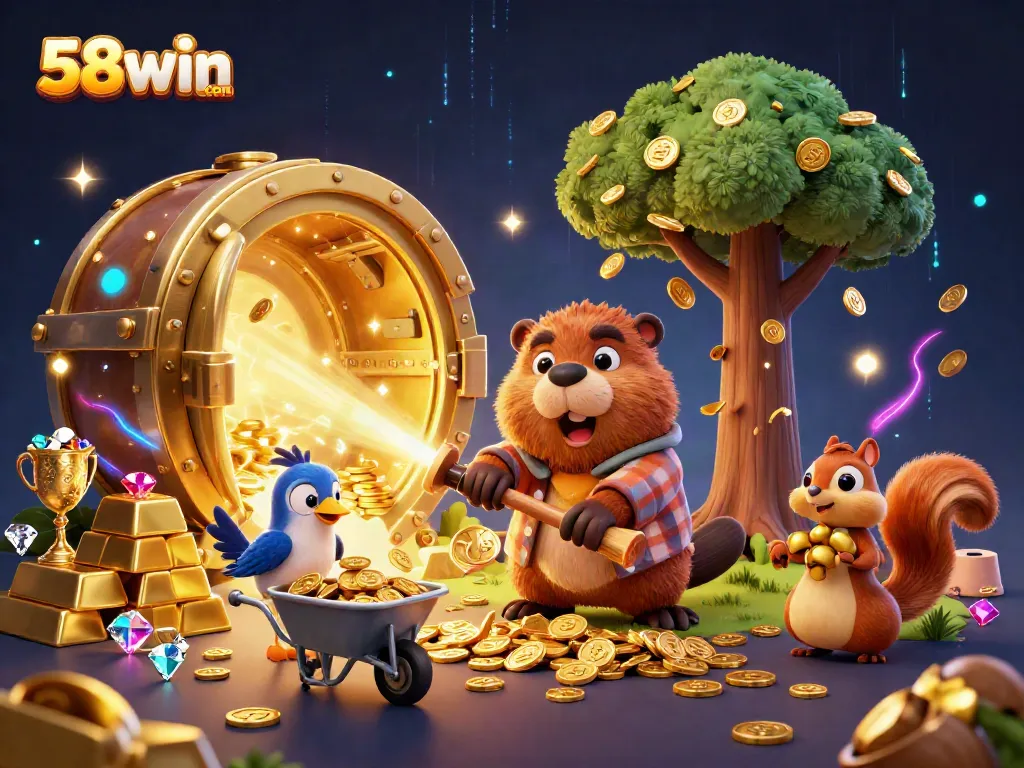 Engage in winning experiences at 58win com, where a beaver and friends discover treasures in a vibrant casino-themed illustration.