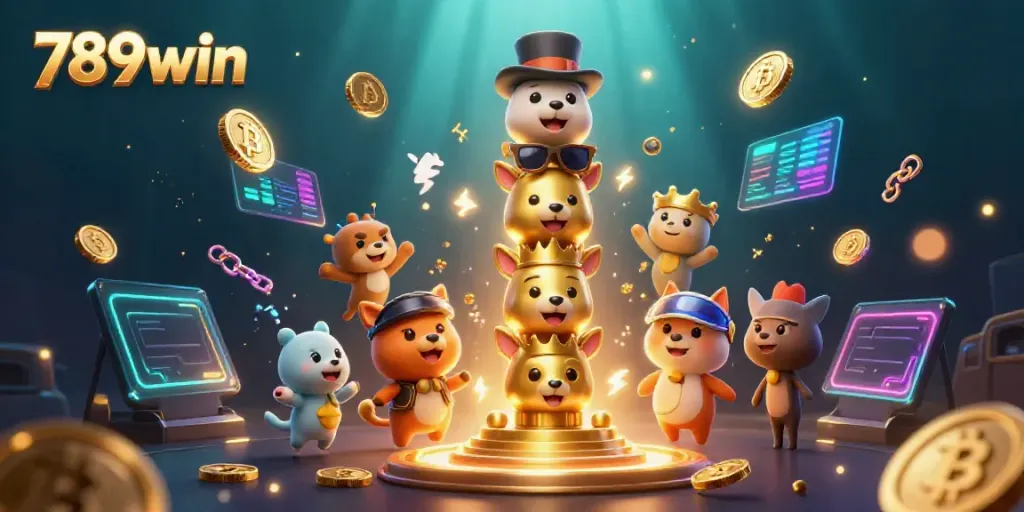 Engage in thrilling gaming with 789win, surrounded by dynamic crypto elements and a vibrant casino atmosphere.