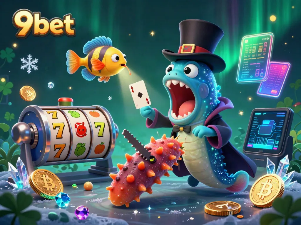 Engaging 9bet scene with cartoon characters illustrating a magic act amid vibrant casino elements.