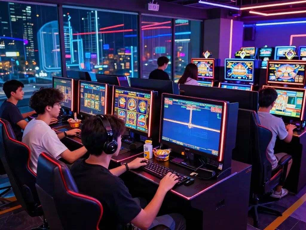Players enjoying link slot gacor games in a vibrant digital gaming arena with immersive atmosphere.