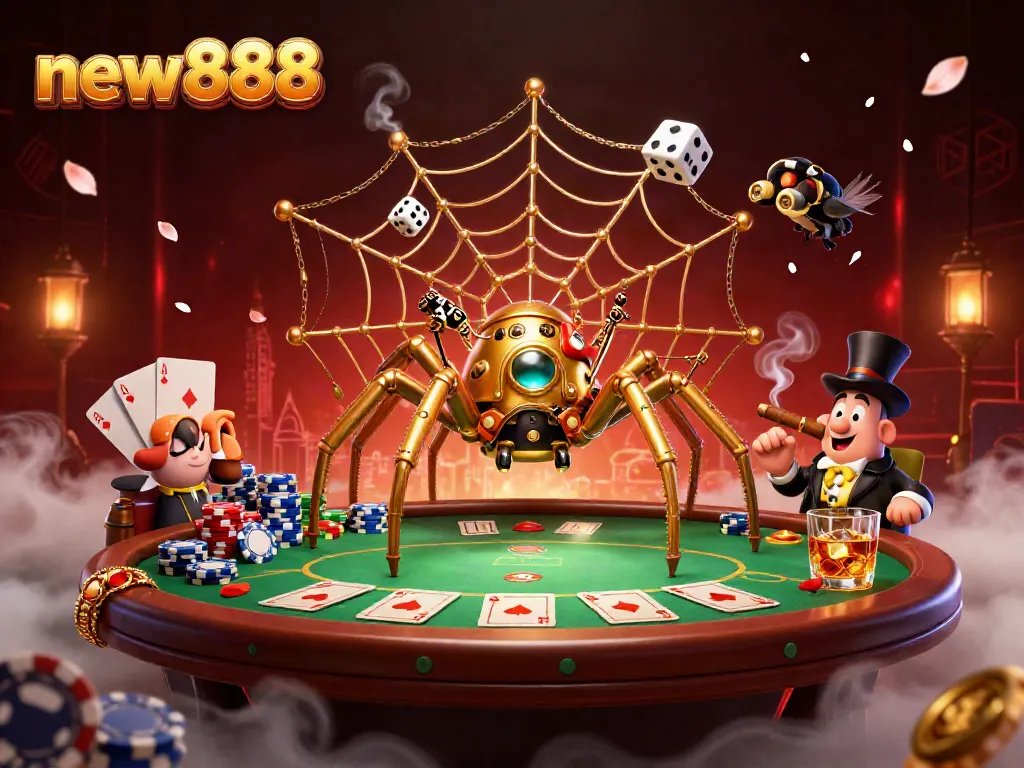 Experience the thrill of new888 with a steampunk spider and poker gameplay in a rich 3D scene.