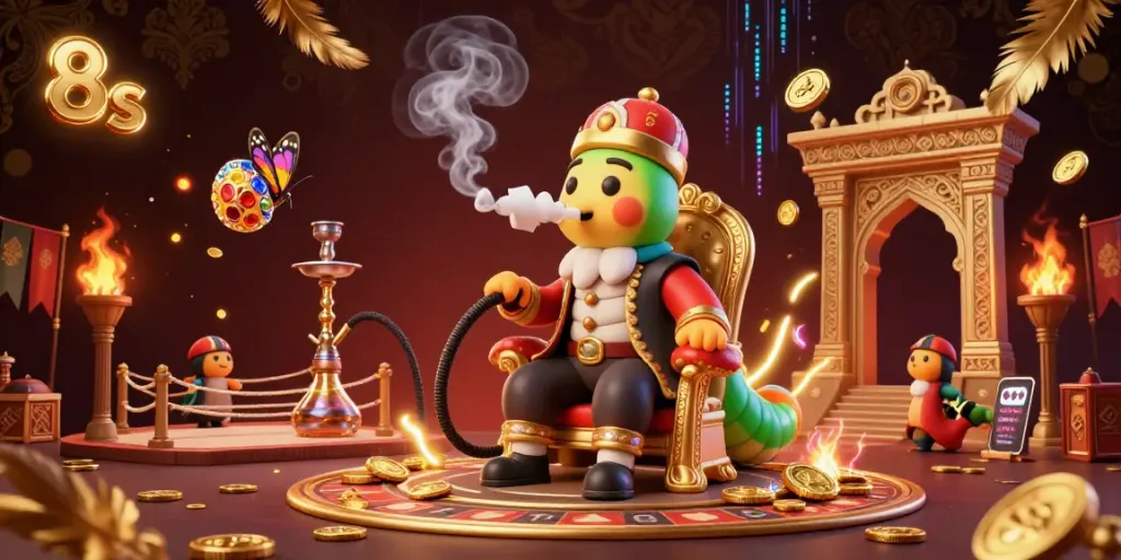 Engage in gaming excitement at 8s, featuring a whimsical caterpillar character and casino elements.