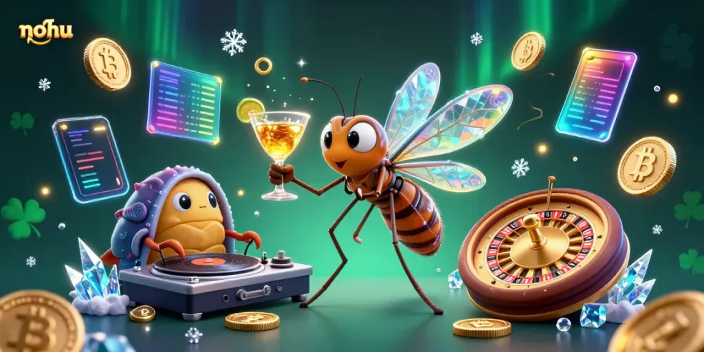 Experience the thrilling nohu casino scene with a frozen-in-amber mosquito, trilobite DJ, and golden roulette wheel.
