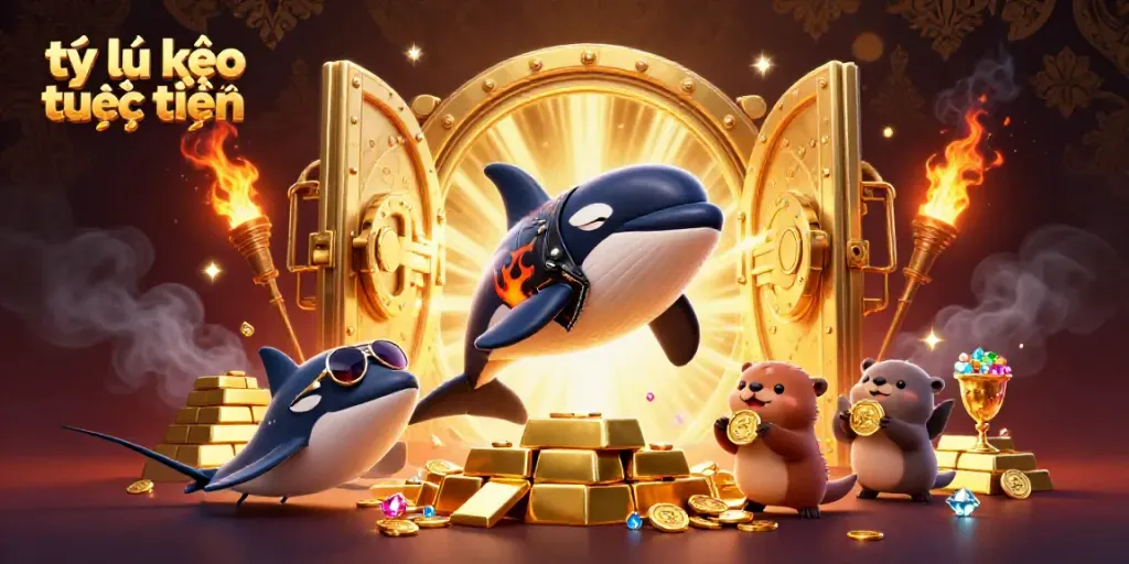 Orca whale and friends showcasing tỷ lệ kèo trực tuyến in a dynamic treasure scene.