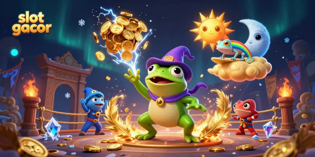 Mengamankan slot gacor dengan penyihir katak 3D yang menciptakan badai koin emas dikelilingi elemen kasino meriah.