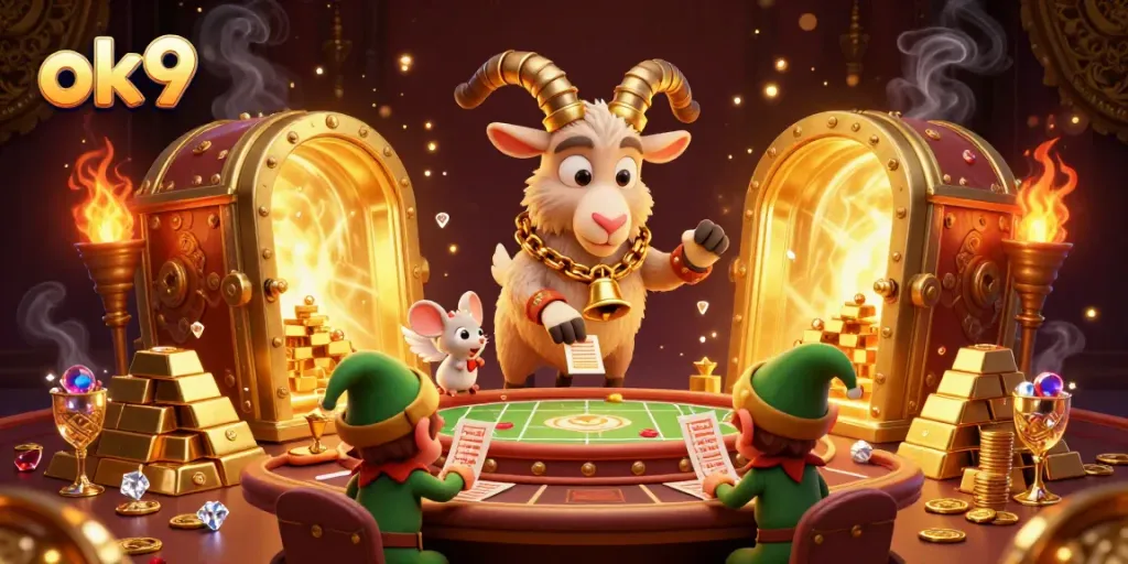 Engage with ok9’s vibrant casino scene featuring a Krampus goat managing a thrilling sports betting atmosphere.