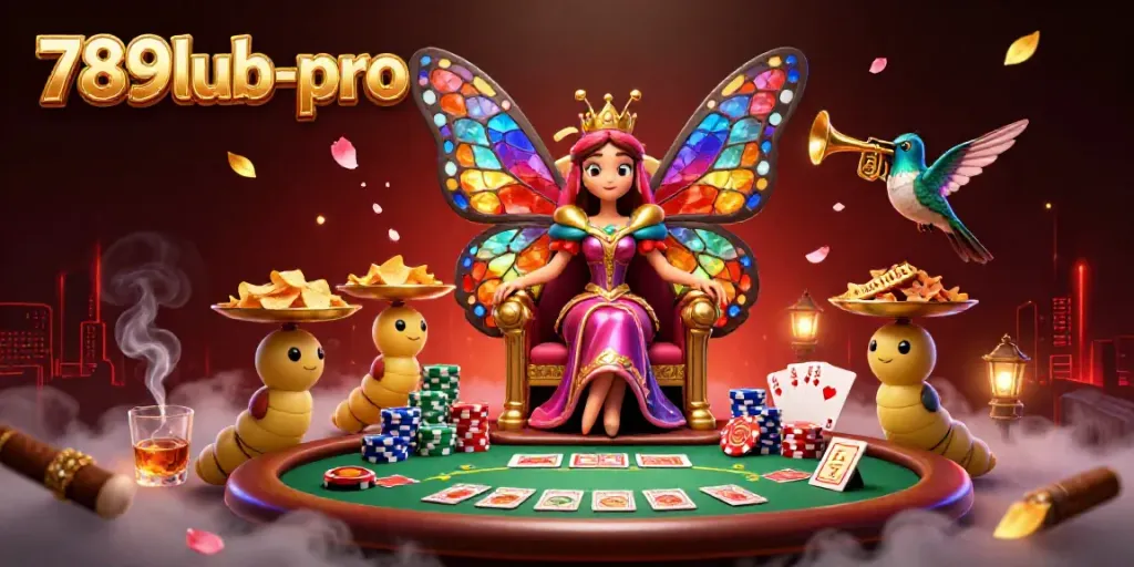 Experience the vibrant casino world of 789lub-pro with its colorful butterfly queen and dynamic poker scene.