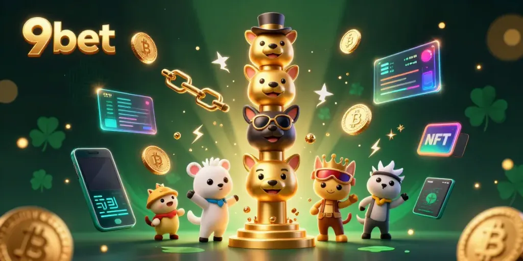 Engage with 9bet's lively casino atmosphere filled with animated totems and cryptocurrency elements.