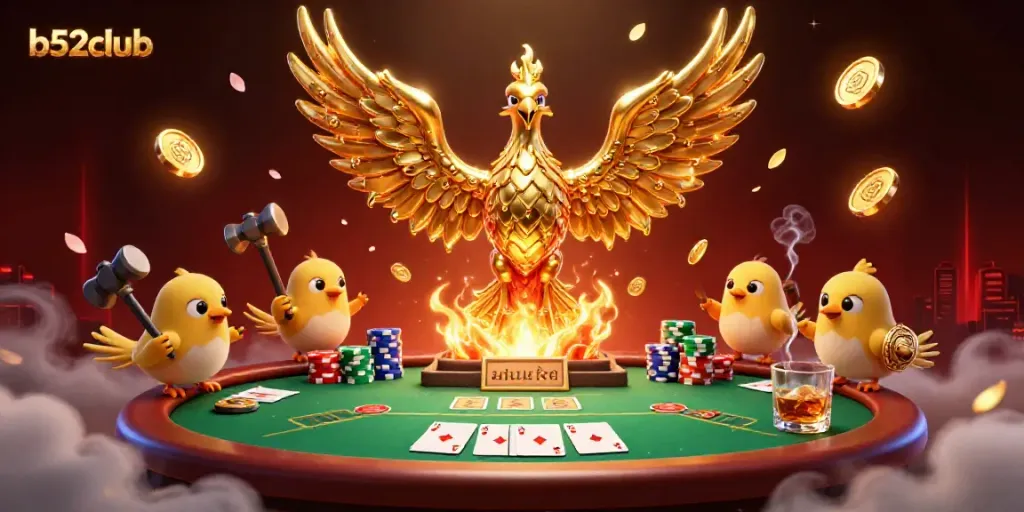 Engage with thrilling b52club action featuring a golden phoenix and poker elements.