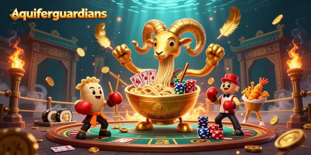Gambarkan aquiferguardians dalam ilustrasi kasino 3D yang penuh warna, dikelilingi permainan kartu dan suasana meriah.