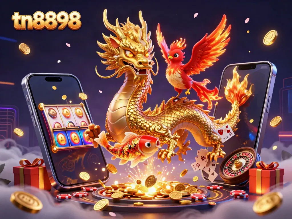 Engage with tn8898's vibrant casino adventure featuring dynamic dragons, coins, and slot games.