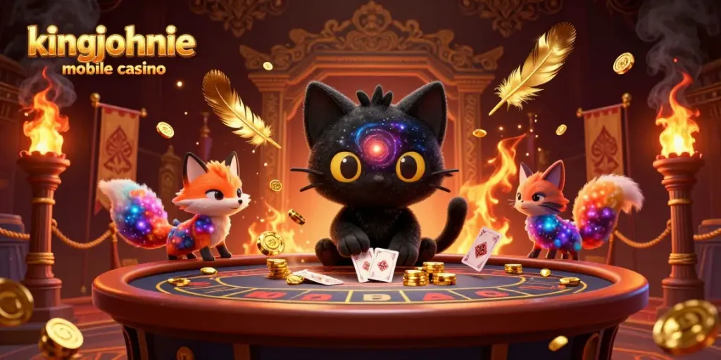 Experience the excitement of kingjohnnie mobile casino with a cosmic illustration featuring engaging characters and vibrant elements.
