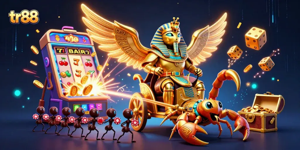 Engage in thrilling gameplay with tr88's dynamic casino illustration showcasing vibrant characters and elements.