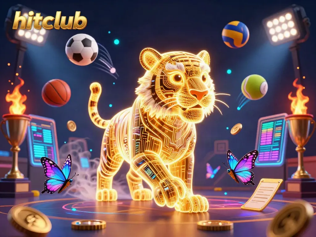 Experience the dynamic gaming scene as the hitclub mascot prowls through a thrilling casino filled with excitement.