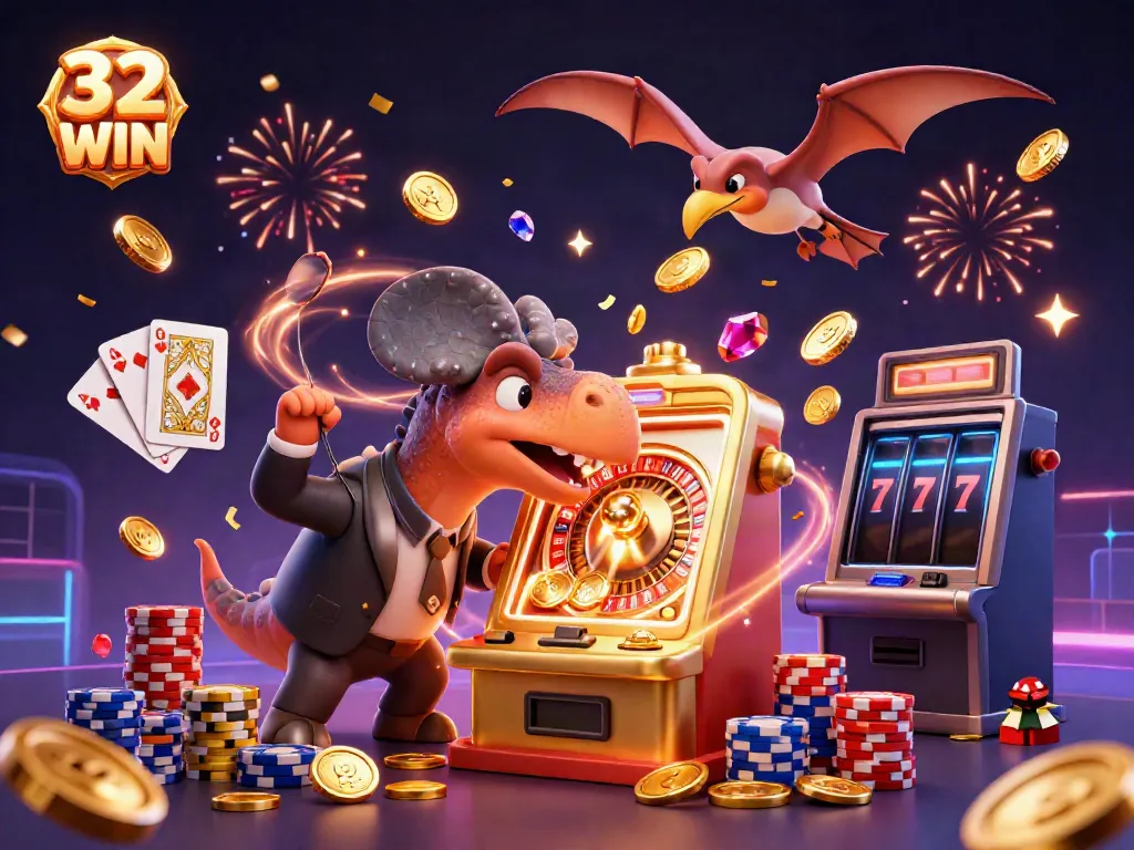 Experience big wins at 32 WIN with a cartoon pachycephalosaurus celebrating a jackpot payout.