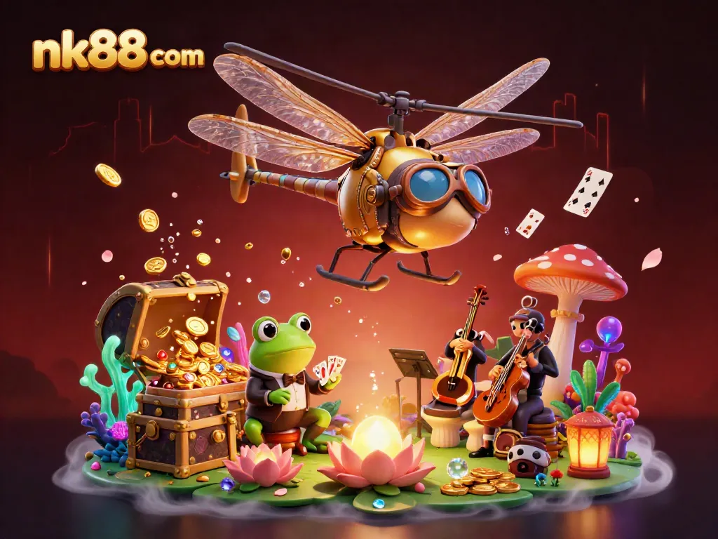 Join the fun at nk88 com with a vibrant 3D illustration of a dragonfly pilot and frog croupier above a lily pad casino.